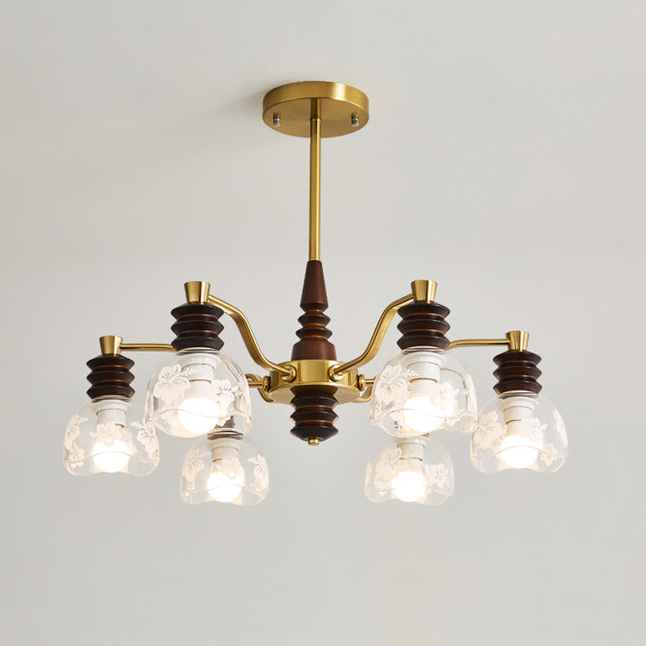 Chandelier traditionnel en demi-cercle en bois de caoutchouc, fer et verre à 3/6/8 lumières pour salon 
