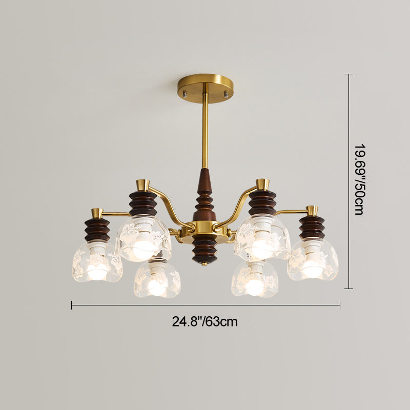 Chandelier traditionnel en demi-cercle en bois de caoutchouc, fer et verre à 3/6/8 lumières pour salon 