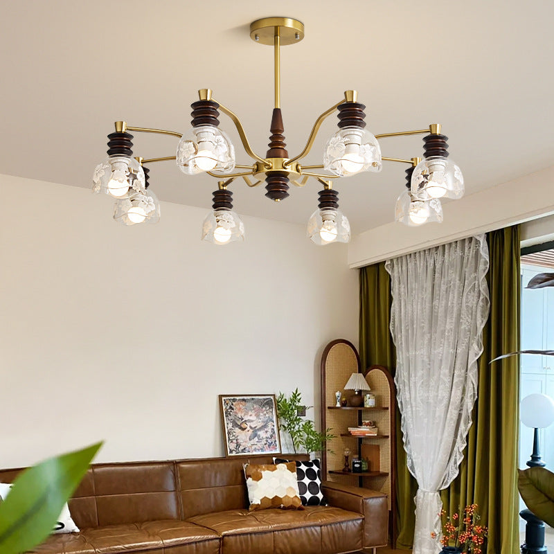 Chandelier traditionnel en demi-cercle en bois de caoutchouc, fer et verre à 3/6/8 lumières pour salon 