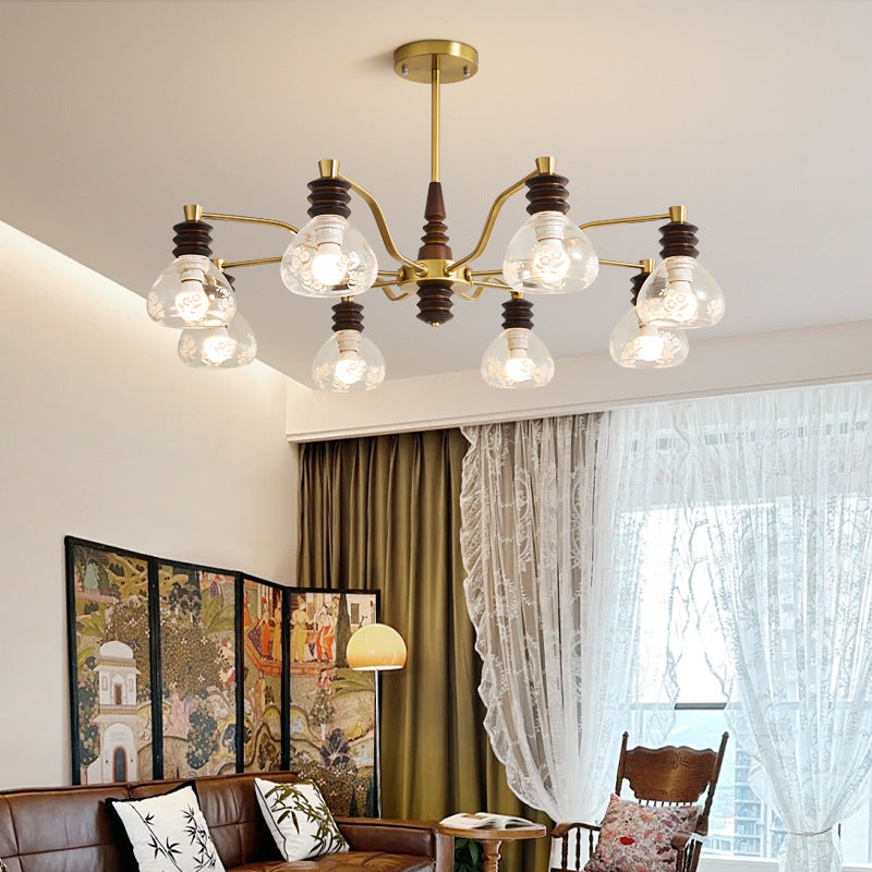 Chandelier traditionnel en demi-cercle en bois de caoutchouc, fer et verre à 3/6/8 lumières pour salon 