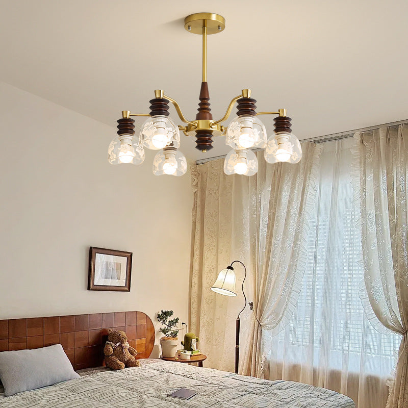 Chandelier traditionnel en demi-cercle en bois de caoutchouc, fer et verre à 3/6/8 lumières pour salon 