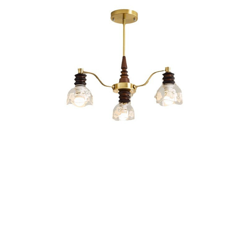 Chandelier traditionnel en demi-cercle en bois de caoutchouc, fer et verre à 3/6/8 lumières pour salon 