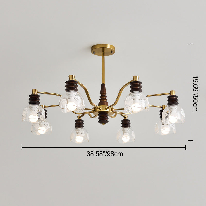 Chandelier traditionnel en demi-cercle en bois de caoutchouc, fer et verre à 3/6/8 lumières pour salon 