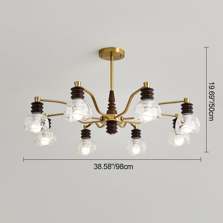 Chandelier traditionnel en demi-cercle en bois de caoutchouc, fer et verre à 3/6/8 lumières pour salon 