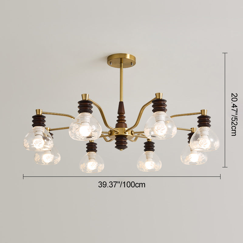 Chandelier traditionnel en demi-cercle en bois de caoutchouc, fer et verre à 3/6/8 lumières pour salon 