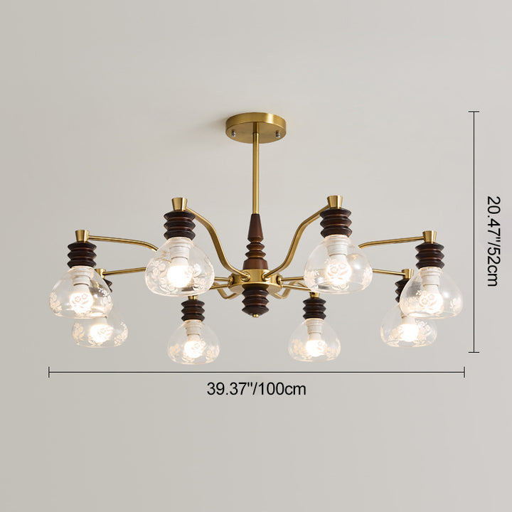 Chandelier traditionnel en demi-cercle en bois de caoutchouc, fer et verre à 3/6/8 lumières pour salon 