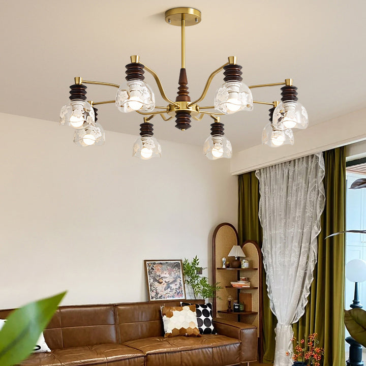 Chandelier traditionnel en demi-cercle en bois de caoutchouc, fer et verre à 3/6/8 lumières pour salon 