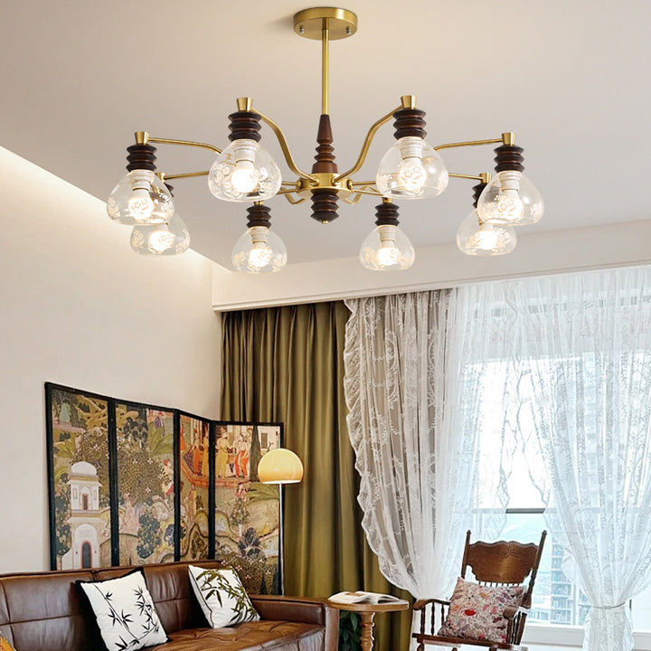 Chandelier traditionnel en demi-cercle en bois de caoutchouc, fer et verre à 3/6/8 lumières pour salon 