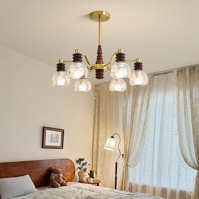 Chandelier traditionnel en demi-cercle en bois de caoutchouc, fer et verre à 3/6/8 lumières pour salon 