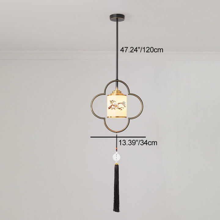 Traditional Chinese Four Leaf Clover Cylindrical Flower Print Zinc Alloy Copper Glass 1 - Light Pendant Light For Dining Room
