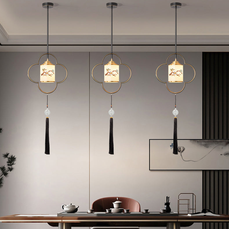 Traditional Chinese Four Leaf Clover Cylindrical Flower Print Zinc Alloy Copper Glass 1 - Light Pendant Light For Dining Room