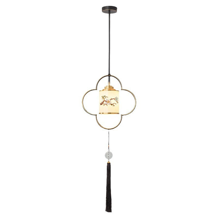 Traditional Chinese Four Leaf Clover Cylindrical Flower Print Zinc Alloy Copper Glass 1 - Light Pendant Light For Dining Room