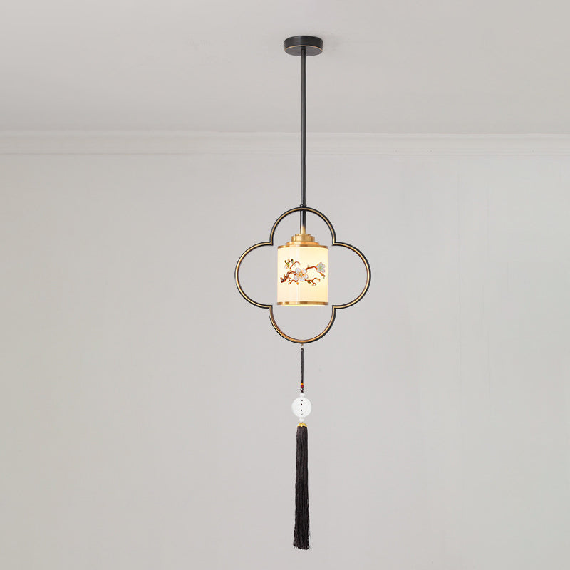 Traditional Chinese Four Leaf Clover Cylindrical Flower Print Zinc Alloy Copper Glass 1 - Light Pendant Light For Dining Room