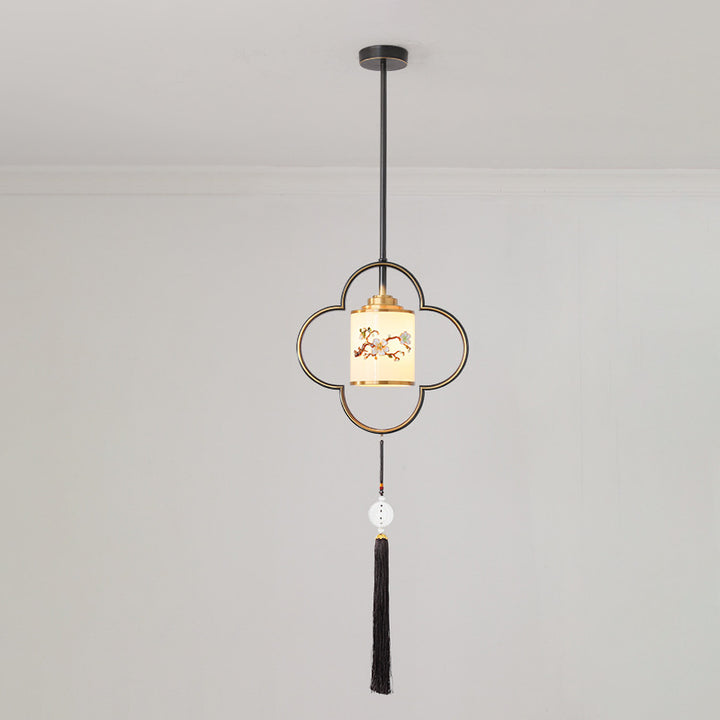 Traditional Chinese Four Leaf Clover Cylindrical Flower Print Zinc Alloy Copper Glass 1 - Light Pendant Light For Dining Room