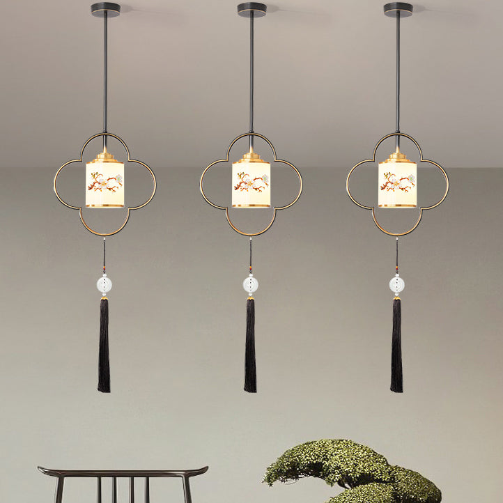 Traditional Chinese Four Leaf Clover Cylindrical Flower Print Zinc Alloy Copper Glass 1 - Light Pendant Light For Dining Room