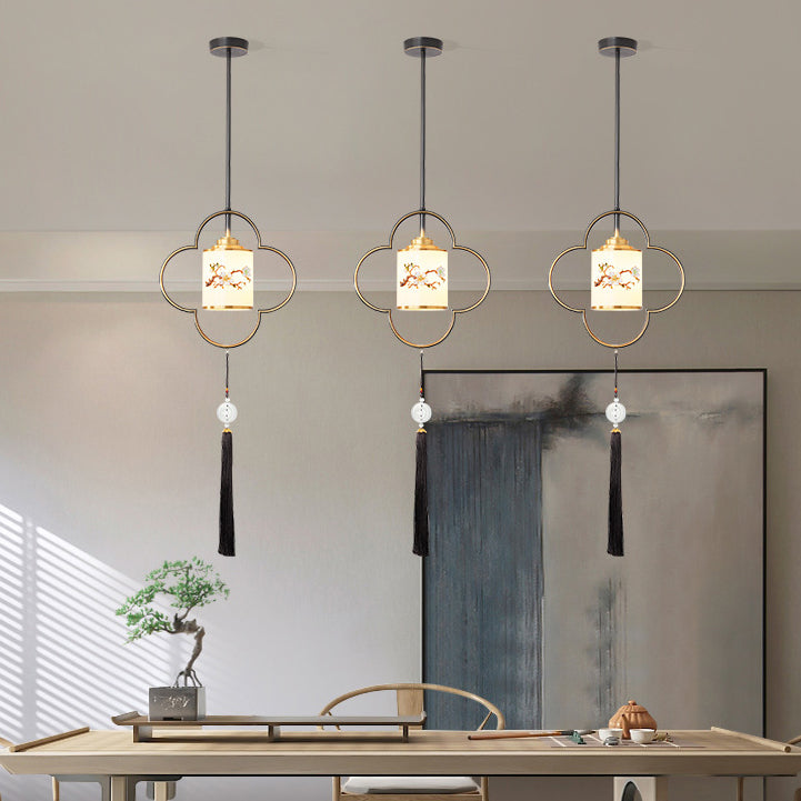 Traditional Chinese Four Leaf Clover Cylindrical Flower Print Zinc Alloy Copper Glass 1 - Light Pendant Light For Dining Room