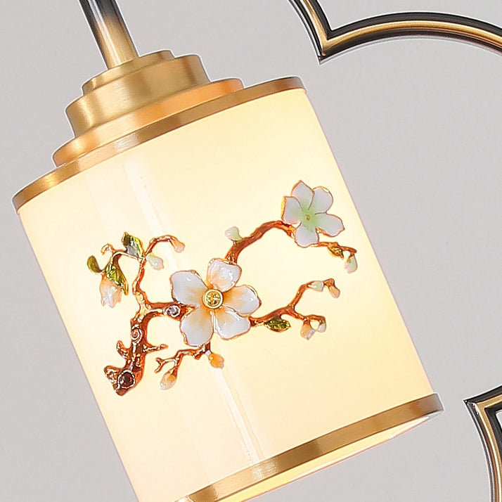 Traditional Chinese Four Leaf Clover Cylindrical Flower Print Zinc Alloy Copper Glass 1 - Light Pendant Light For Dining Room
