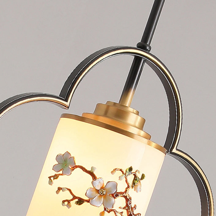 Traditional Chinese Four Leaf Clover Cylindrical Flower Print Zinc Alloy Copper Glass 1 - Light Pendant Light For Dining Room
