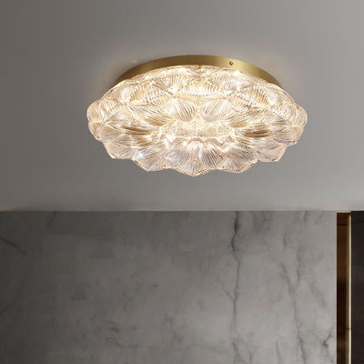 Contemporary Luxury Lotus Shape Stainless Steel Gold Leaf Copper Resin LED Semi-Flush Mount Ceiling Light For Living Room