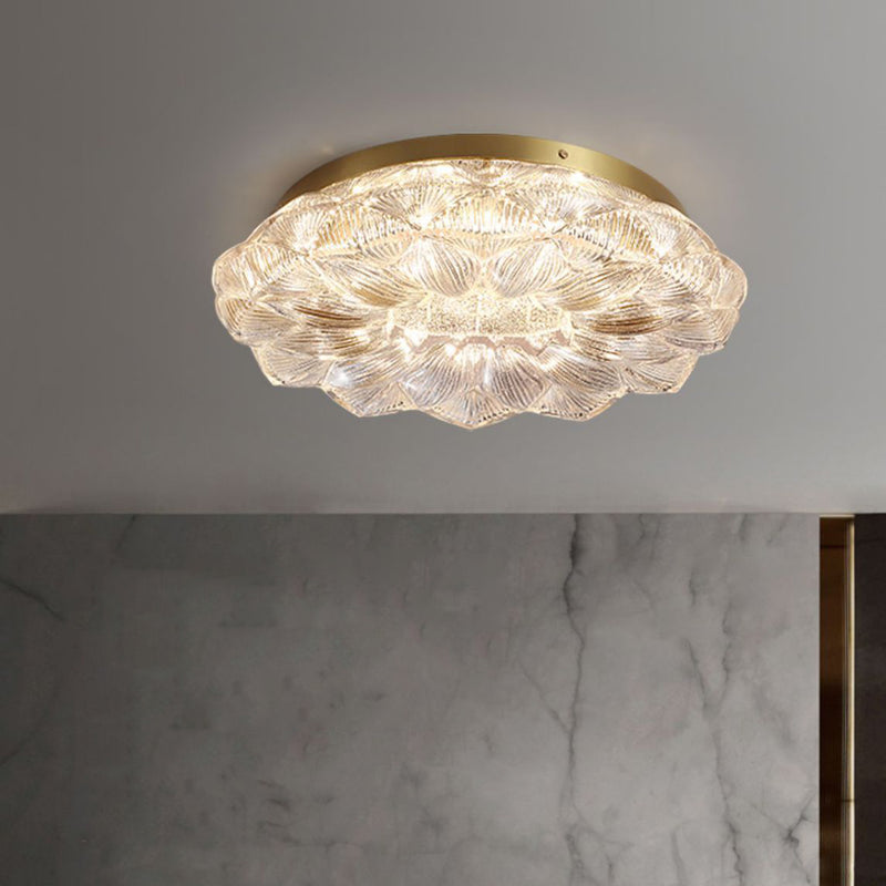 Contemporary Luxury Lotus Shape Stainless Steel Gold Leaf Copper Resin LED Semi-Flush Mount Ceiling Light For Living Room