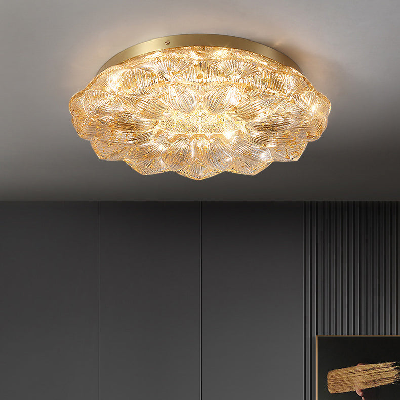 Contemporary Luxury Lotus Shape Stainless Steel Gold Leaf Copper Resin LED Semi-Flush Mount Ceiling Light For Living Room