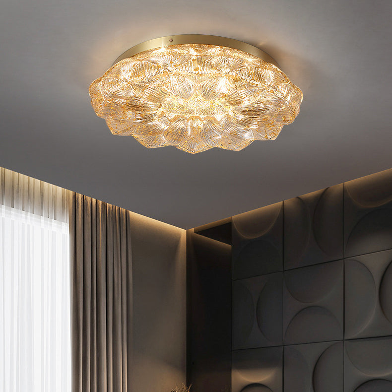 Contemporary Luxury Lotus Shape Stainless Steel Gold Leaf Copper Resin LED Semi-Flush Mount Ceiling Light For Living Room