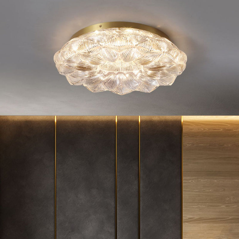 Contemporary Luxury Lotus Shape Stainless Steel Gold Leaf Copper Resin LED Semi-Flush Mount Ceiling Light For Living Room