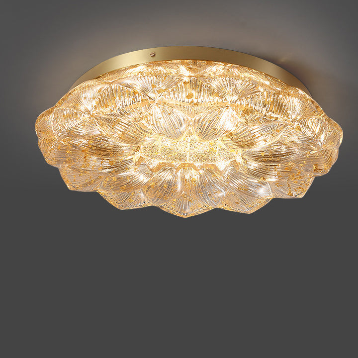 Contemporary Luxury Lotus Shape Stainless Steel Gold Leaf Copper Resin LED Semi-Flush Mount Ceiling Light For Living Room