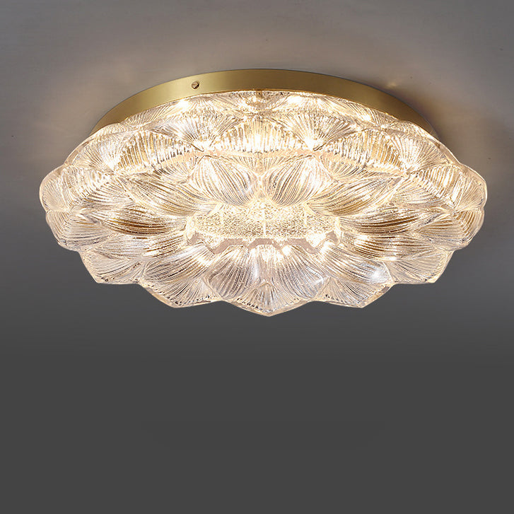 Contemporary Luxury Lotus Shape Stainless Steel Gold Leaf Copper Resin LED Semi-Flush Mount Ceiling Light For Living Room