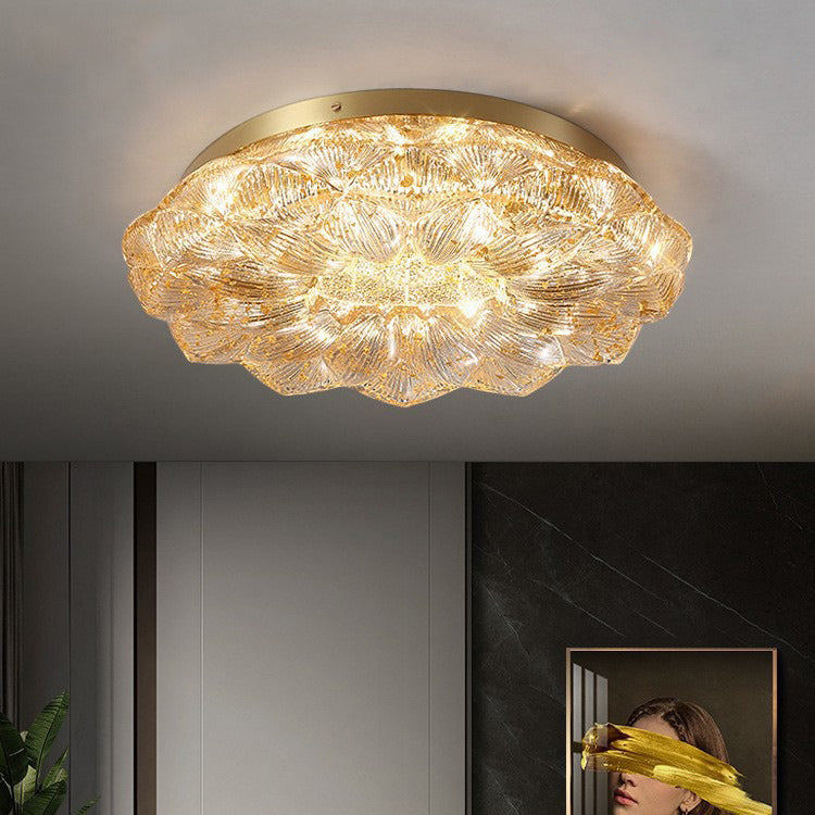 Contemporary Luxury Lotus Shape Stainless Steel Gold Leaf Copper Resin LED Semi-Flush Mount Ceiling Light For Living Room