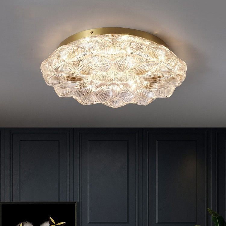 Contemporary Luxury Lotus Shape Stainless Steel Gold Leaf Copper Resin LED Semi-Flush Mount Ceiling Light For Living Room