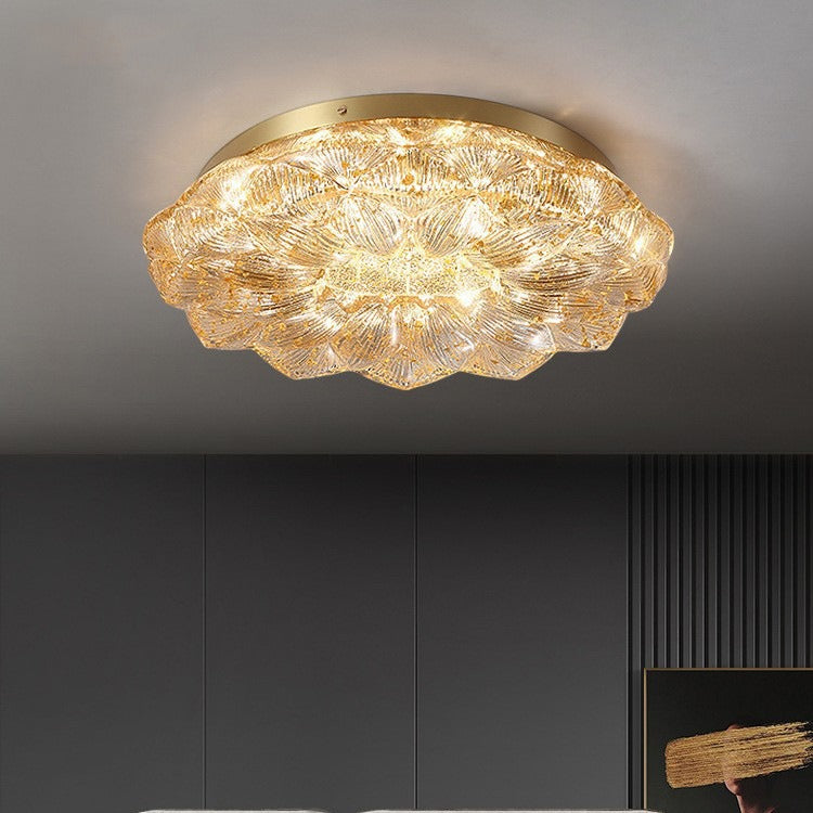Contemporary Luxury Lotus Shape Stainless Steel Gold Leaf Copper Resin LED Semi-Flush Mount Ceiling Light For Living Room