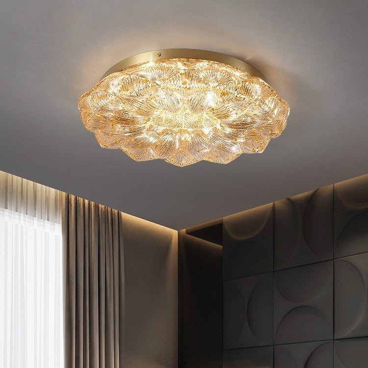 Contemporary Luxury Lotus Shape Stainless Steel Gold Leaf Copper Resin LED Semi-Flush Mount Ceiling Light For Living Room