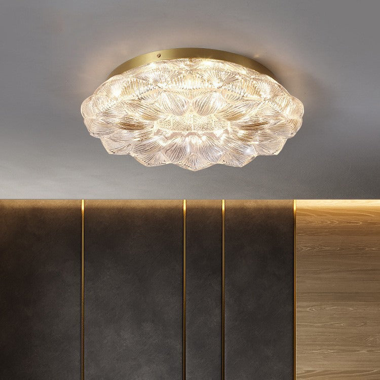 Contemporary Luxury Lotus Shape Stainless Steel Gold Leaf Copper Resin LED Semi-Flush Mount Ceiling Light For Living Room