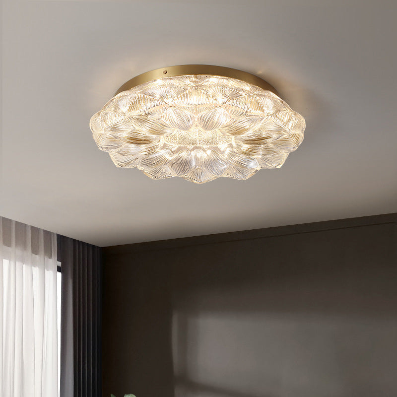 Contemporary Luxury Lotus Shape Stainless Steel Gold Leaf Copper Resin LED Semi-Flush Mount Ceiling Light For Living Room