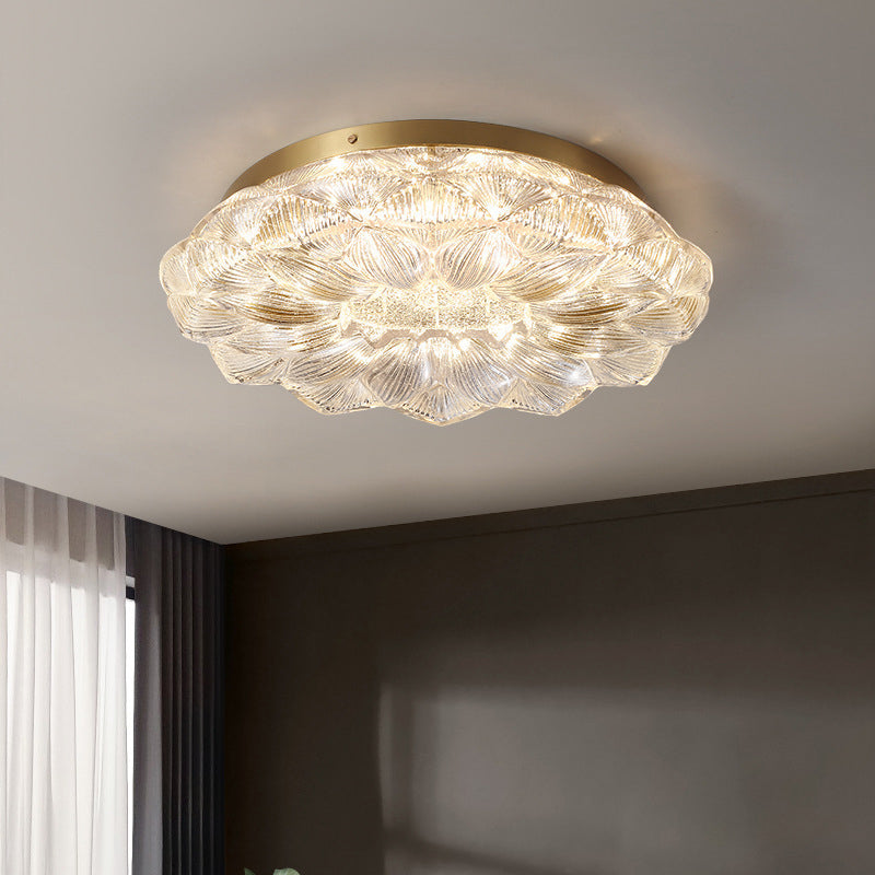 Contemporary Luxury Lotus Shape Stainless Steel Gold Leaf Copper Resin LED Semi-Flush Mount Ceiling Light For Living Room