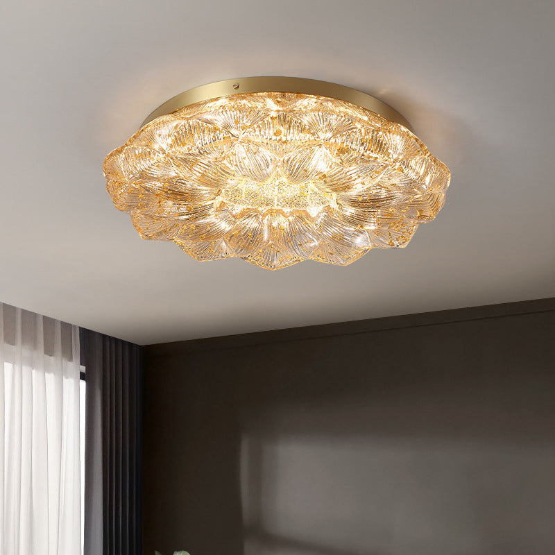 Contemporary Luxury Lotus Shape Stainless Steel Gold Leaf Copper Resin LED Semi-Flush Mount Ceiling Light For Living Room