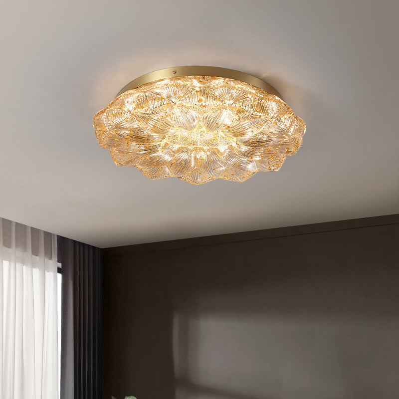 Contemporary Luxury Lotus Shape Stainless Steel Gold Leaf Copper Resin LED Semi-Flush Mount Ceiling Light For Living Room