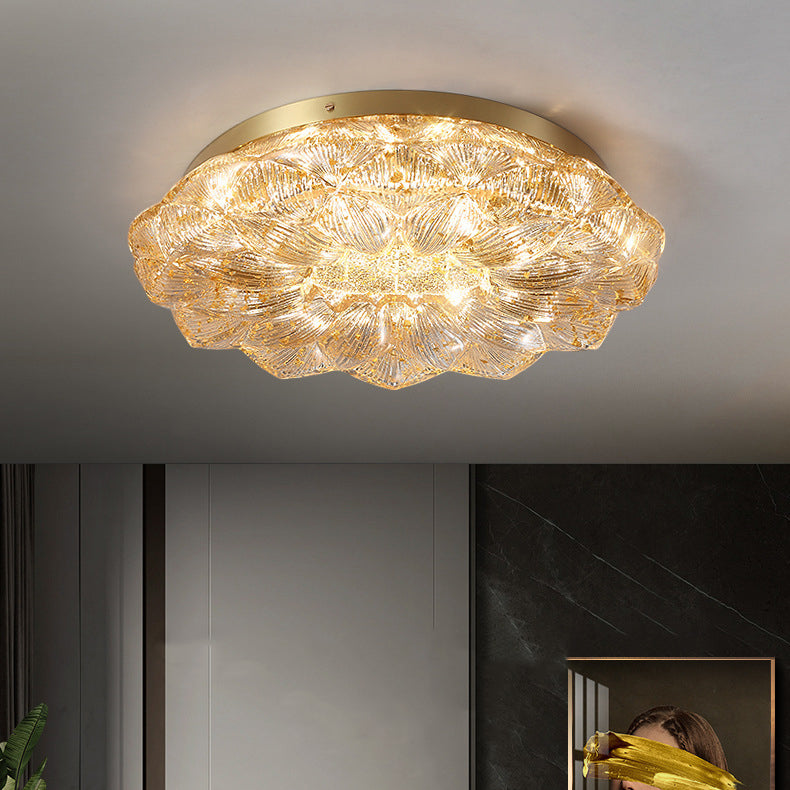 Contemporary Luxury Lotus Shape Stainless Steel Gold Leaf Copper Resin LED Semi-Flush Mount Ceiling Light For Living Room