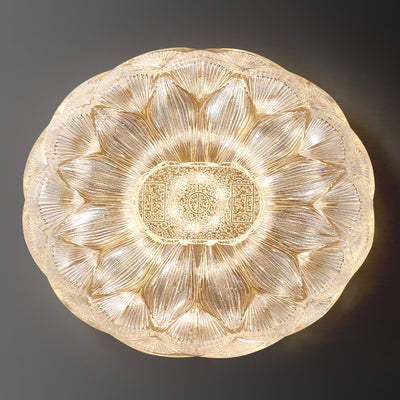 Contemporary Luxury Lotus Shape Stainless Steel Gold Leaf Copper Resin LED Semi-Flush Mount Ceiling Light For Living Room