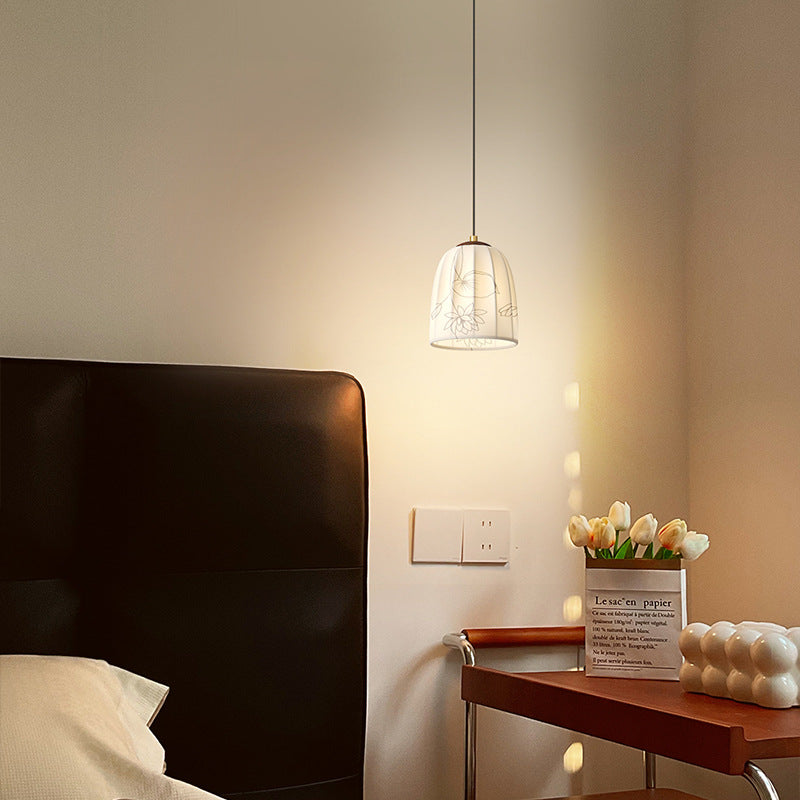 Dôme français traditionnel imprimé de fleurs semi-circulaires en fer et tissu 1 - Suspension lumineuse pour chevet 