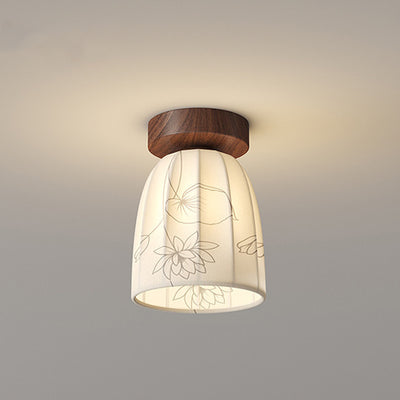 Traditional French Dome Semicircular Flower Print Iron Fabric 1 - Light Semi-Flush Mount Ceiling Light For Hallways