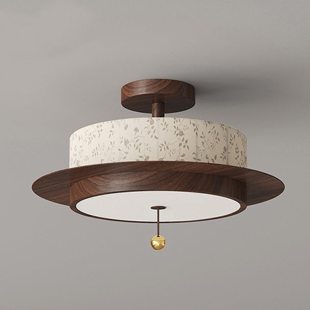 ضوء سقف نصف مثبت LED من الحديد والقماش والخشب بتصميم أسطواني دائري تقليدي بطباعة زهور فرنسية لغرفة النوم 