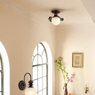Traditional French Corrugated Edge Orb Iron Glass 1 - Light Semi-Flush Mount Ceiling Light For Hallways