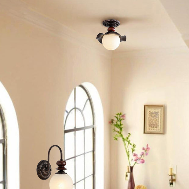 Traditional French Corrugated Edge Orb Iron Glass 1 - Light Semi-Flush Mount Ceiling Light For Hallways