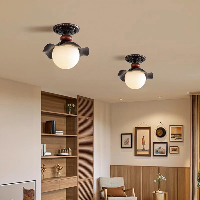 Traditional French Corrugated Edge Orb Iron Glass 1 - Light Semi-Flush Mount Ceiling Light For Hallways