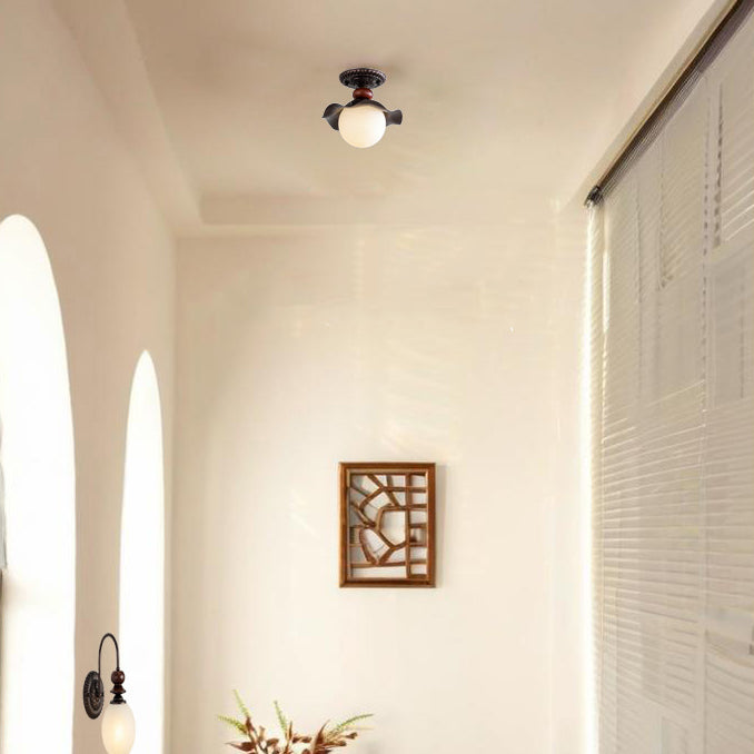 Traditional French Corrugated Edge Orb Iron Glass 1 - Light Semi-Flush Mount Ceiling Light For Hallways
