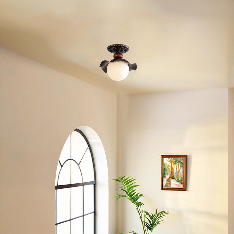 Traditional French Corrugated Edge Orb Iron Glass 1 - Light Semi-Flush Mount Ceiling Light For Hallways