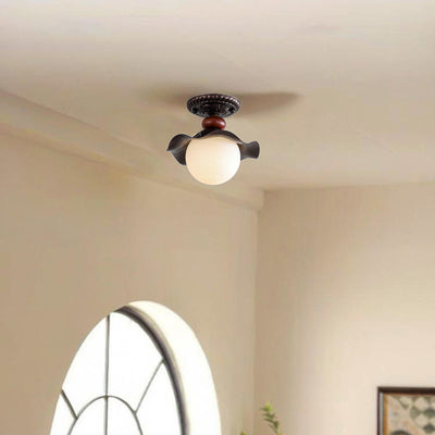 Traditional French Corrugated Edge Orb Iron Glass 1 - Light Semi-Flush Mount Ceiling Light For Hallways