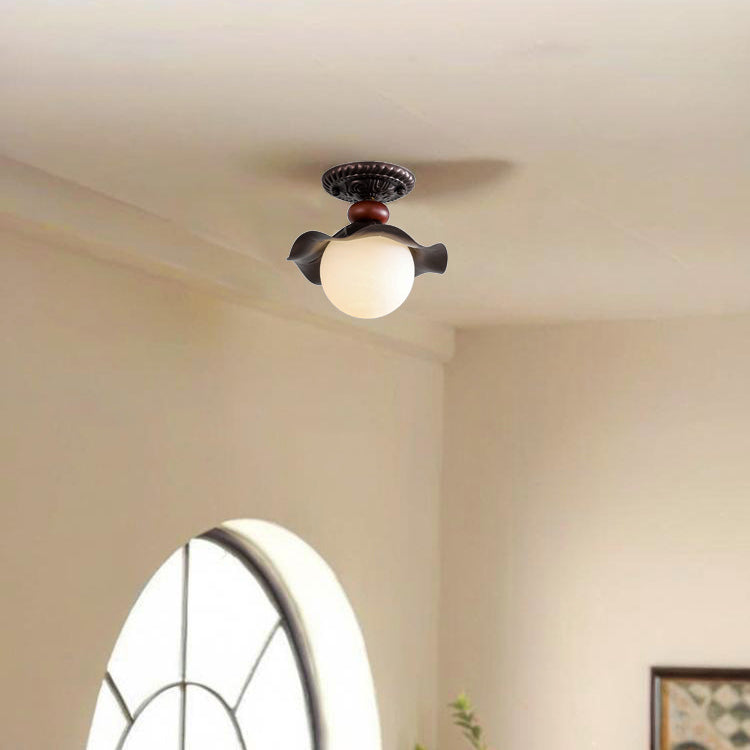 Traditional French Corrugated Edge Orb Iron Glass 1 - Light Semi-Flush Mount Ceiling Light For Hallways
